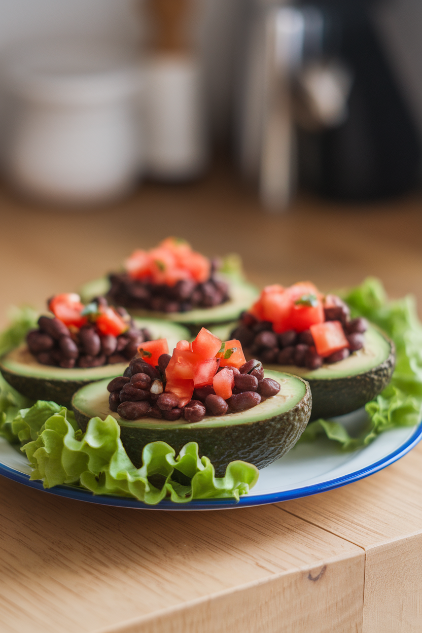 An indoor plate featuring avocado halves stuffed with black bean salsa and diced tomato, ready to eat. Photo, no text or logos.