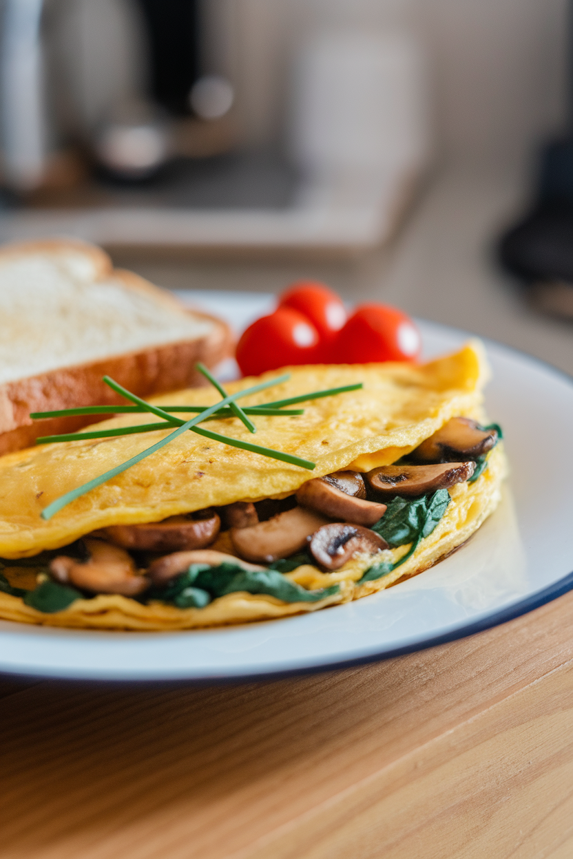 Indoor breakfast plate featuring a folded omelet filled with sautéed mushrooms and spinach, garnished with chives; no text or logos, photo style.