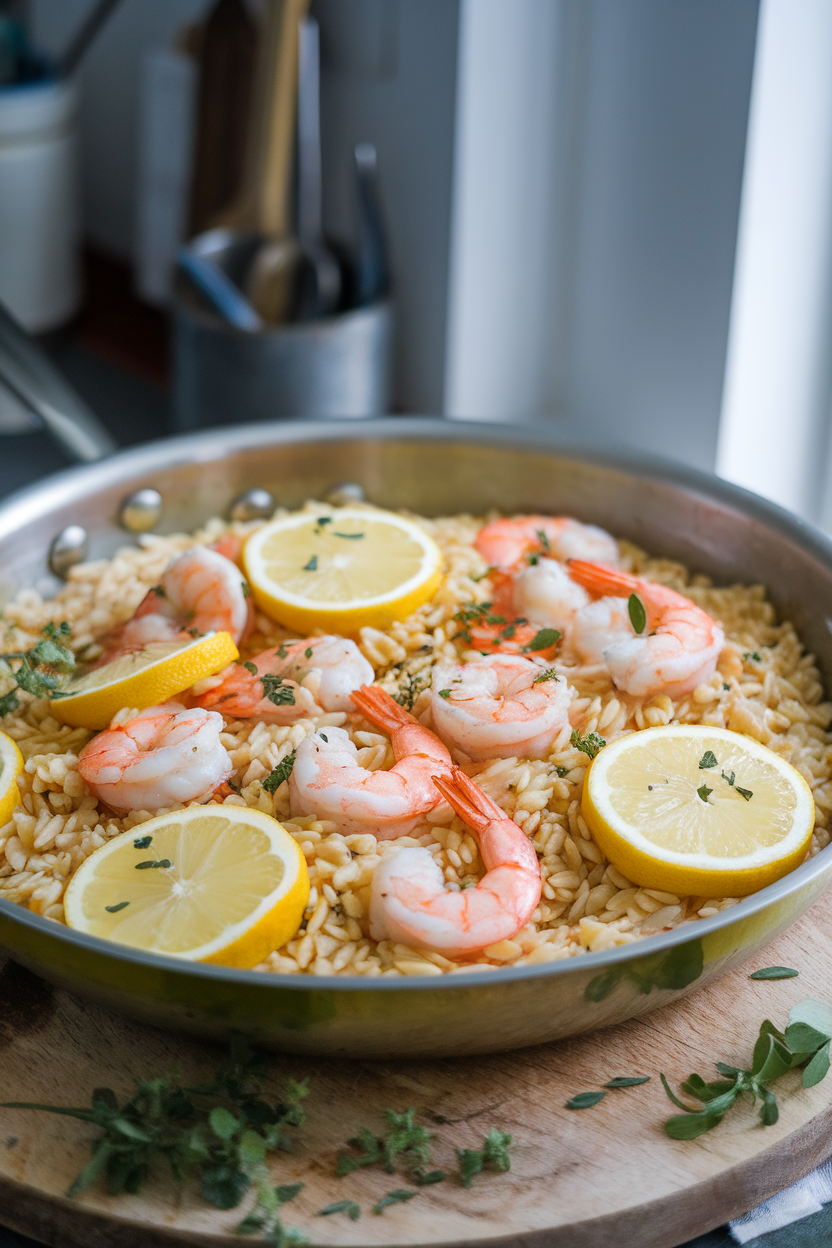 Photo of a shallow pan of orzo pasta mixed with cooked shrimp, lemon slices, and herbs, taken indoors. No text or logos.</Prompt