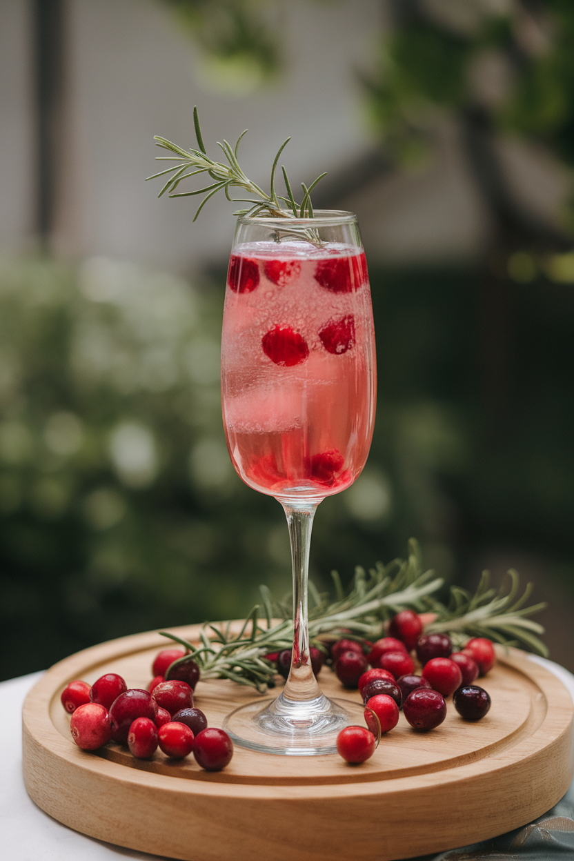 Indoor photo of a flute filled with pink cranberry fizz, fresh cranberries and a rosemary sprig garnish; no text or logos