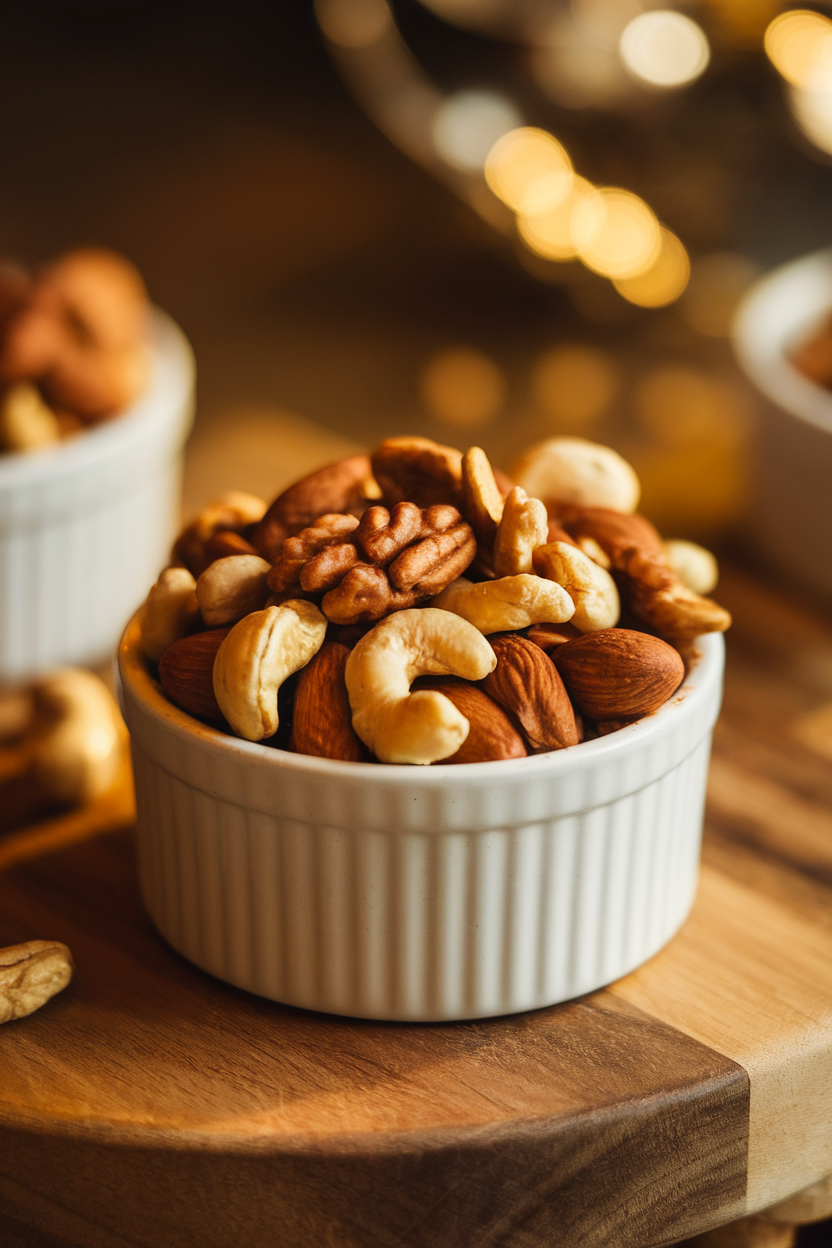 Indoor ramekin of mixed nuts glazed with cinnamon and cayenne, warm golden lighting. No text or logos. Photo only.
