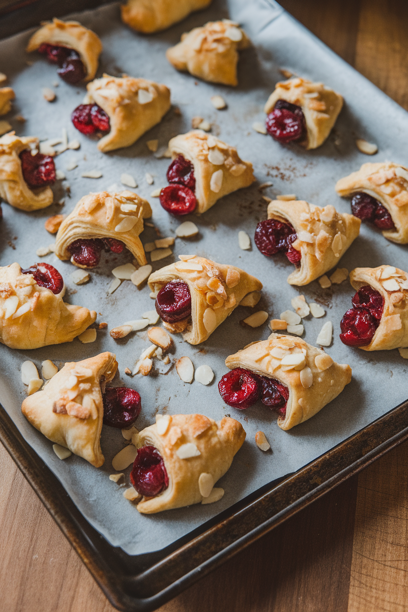 Small crescent pastries on a baking sheet indoors, cherry filling visible where they split, sprinkled with sliced almonds. No logos or text.