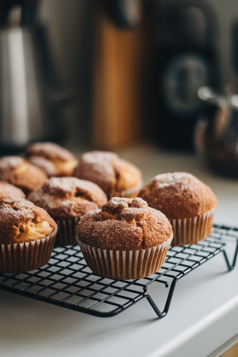 A wire rack on a kitchen counter holding apple cider doughnut muffins rolled in cinnamon sugar, gentle indoor light highlighting the sugary coating, no text or logos visible.