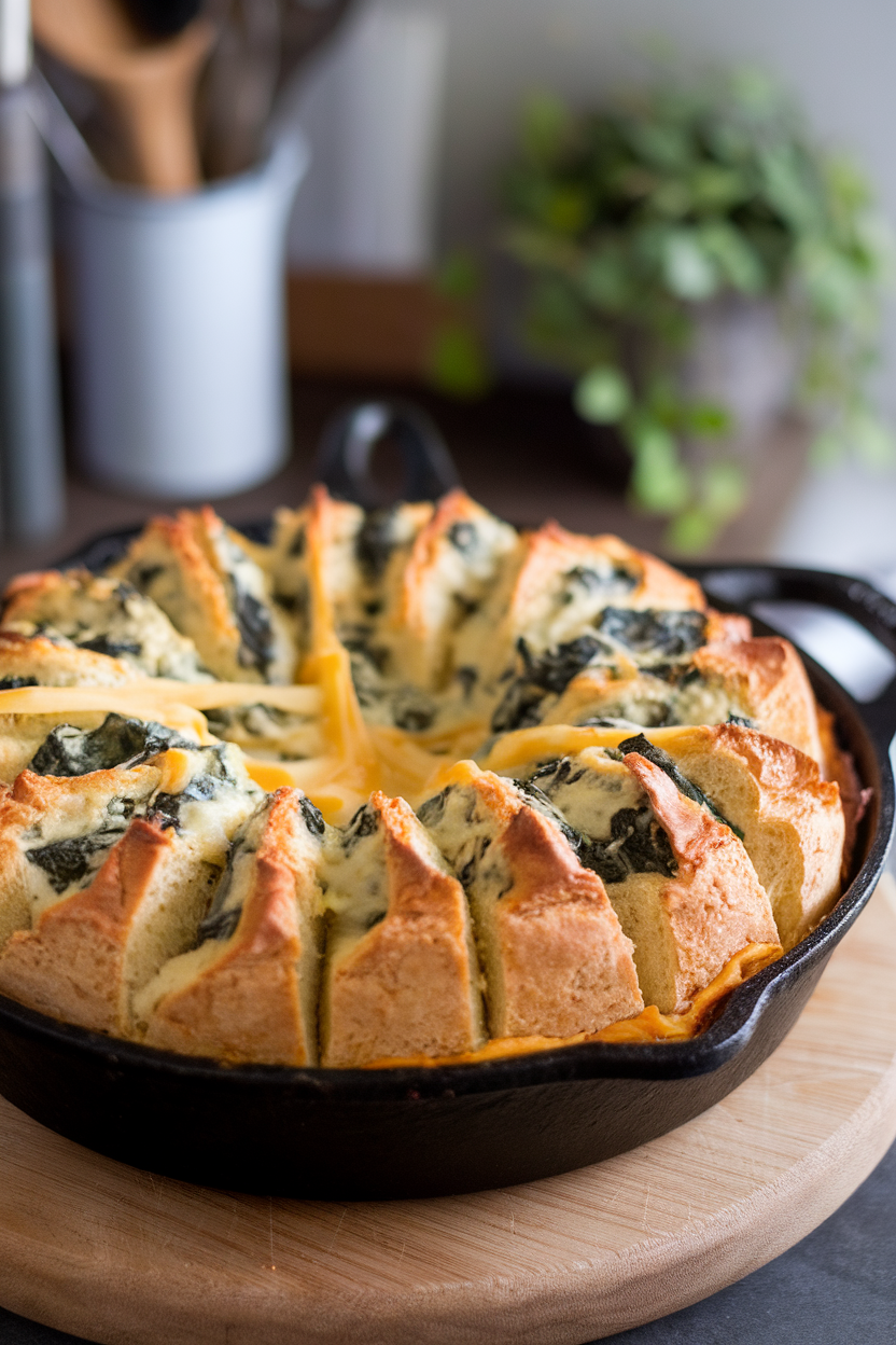 Indoor cast-iron skillet with round pull-apart bread, spinach artichoke dip bubbling in the center, cheese stretching between pieces; no logos or text