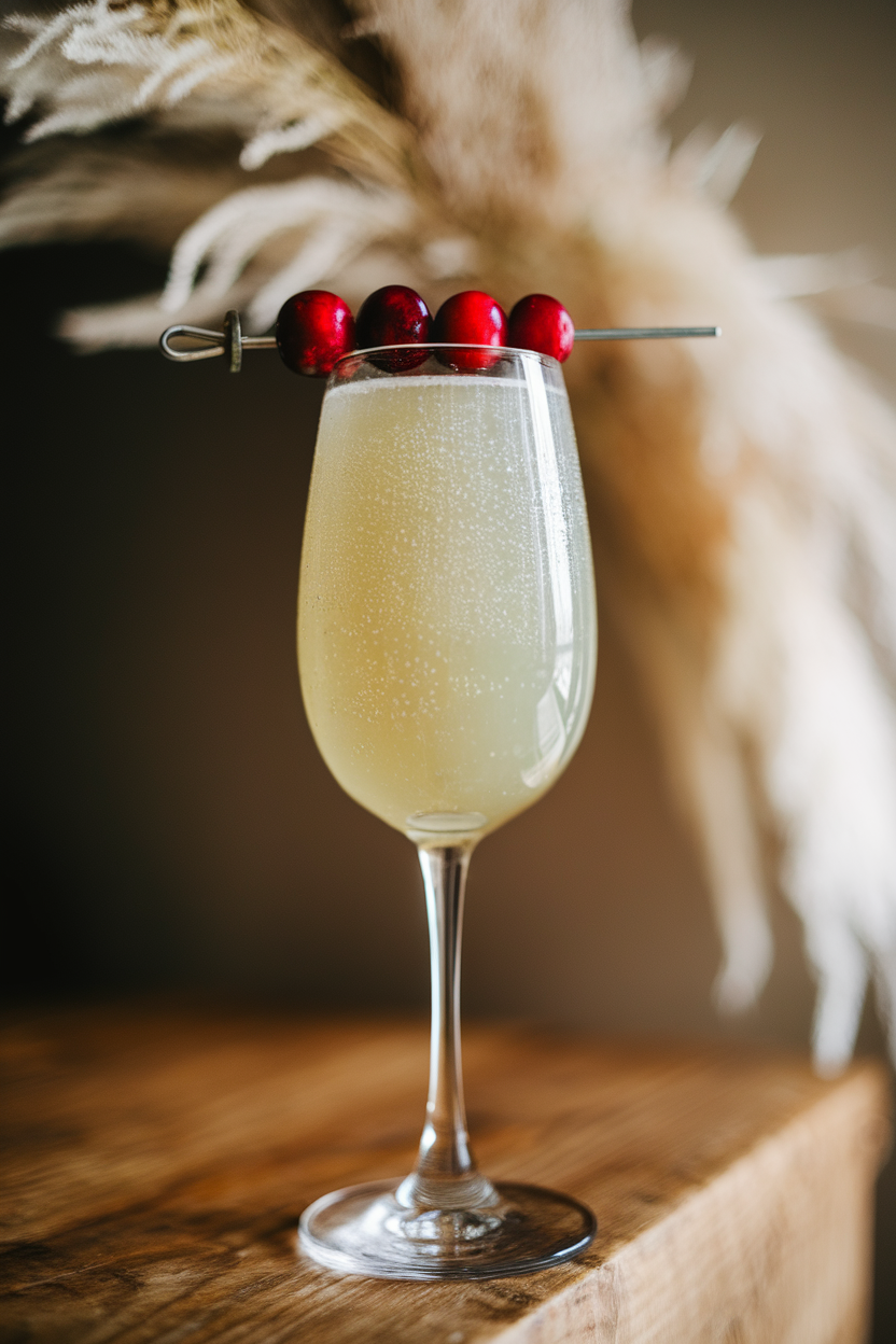 Photo of an indoor stemmed glass of pale green mimosa garnished with a cranberry skewer, sparkling bubbles visible. No text or logos anywhere.