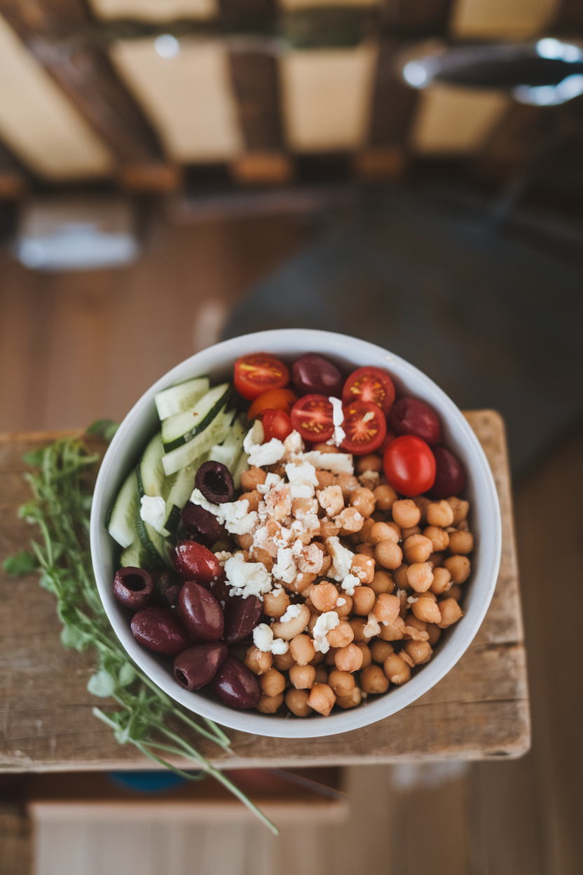 Indoor photo of a white bowl filled with chickpeas, cucumber, cherry tomatoes, olives, and crumbled feta. Overhead shot, no text or logos.
