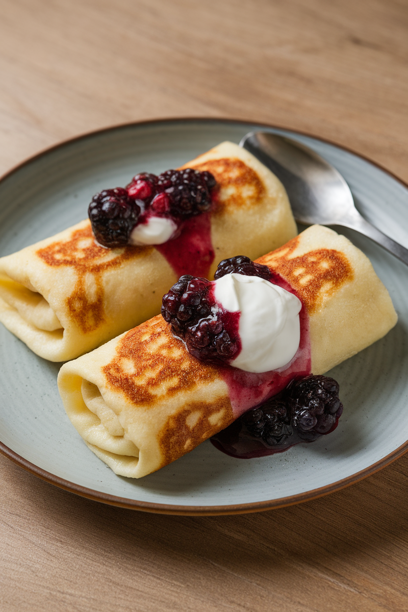 An indoor plate with three rolled blintzes browned in butter, topped with sour cream and berry compote, no text or logos.