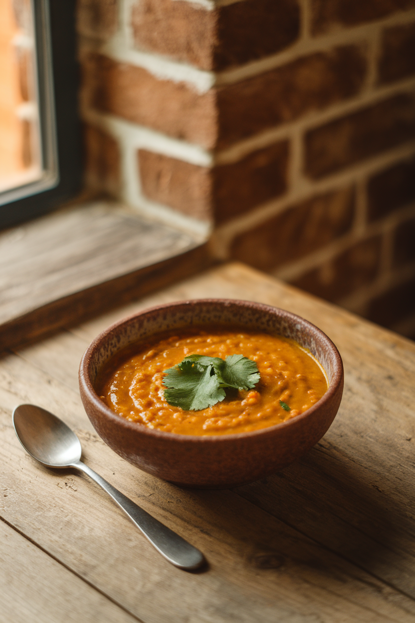 An indoor dining table with a rustic bowl of golden lentil soup, steam rising, sprinkled with fresh cilantro. No text or logos; photo.