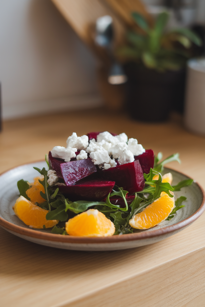 A ceramic indoor plate layered with ruby beet wedges, orange segments, arugula, and crumbled goat cheese. No text or logos. Photo only.
