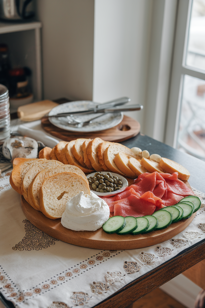Indoor breakfast table with a board displaying sliced bagels, whipped cream cheese, lox, cucumber rounds, and capers; no text or logos