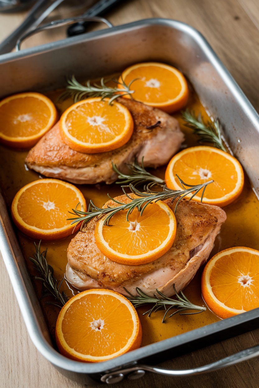 Photo of an indoor roasting pan with cooked chicken breasts topped with orange slices and rosemary sprigs, juices pooling in the pan. No text or logos shown.