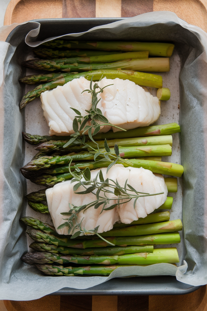 An indoor baking dish lined with parchment holding white cod fillets and bright green asparagus spears, herbs sprinkled over. No text or logos. Photo only.