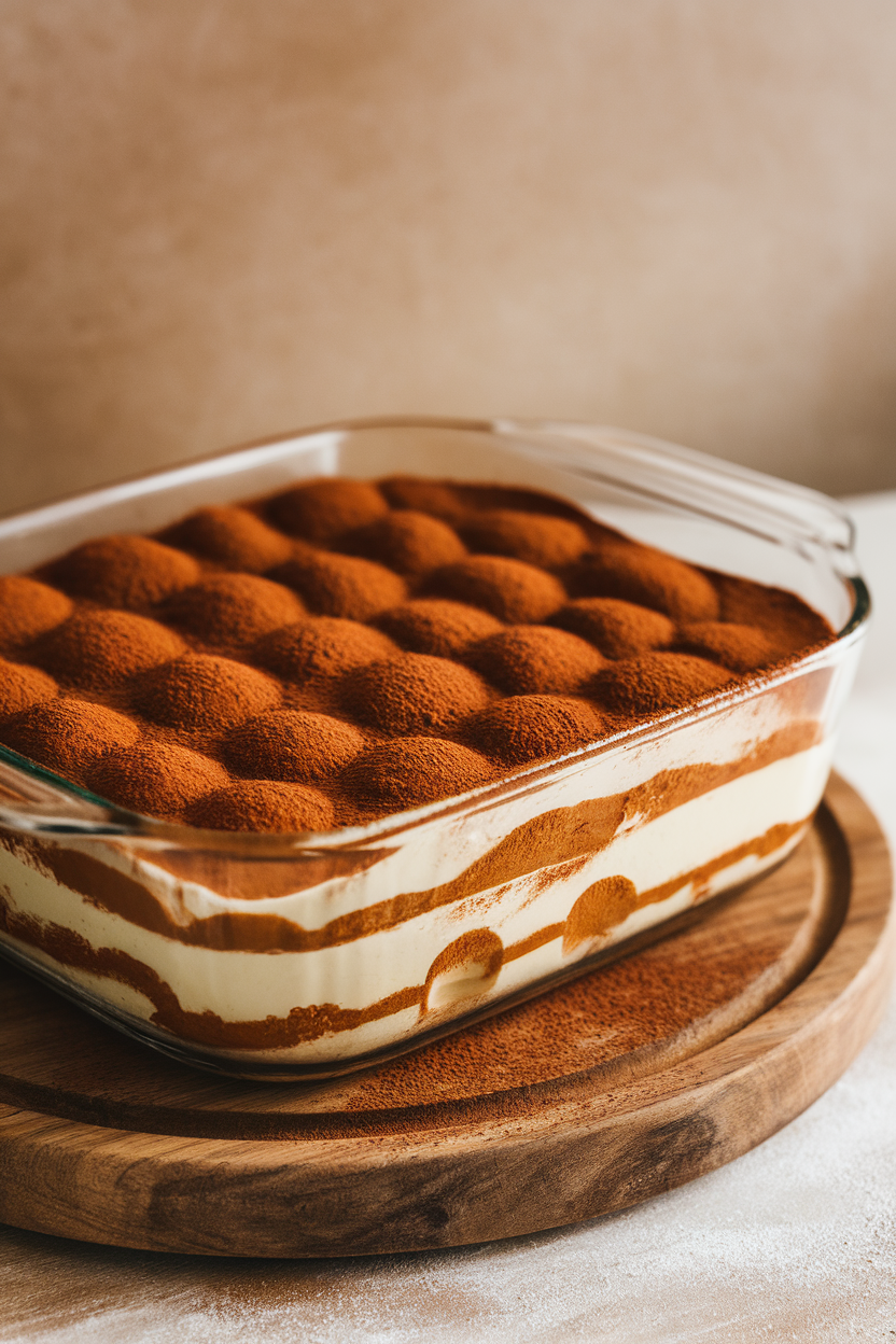 Photo of pumpkin tiramisu in a glass baking dish with cocoa dusting, indoors, no text or logos.