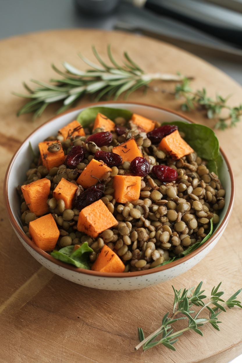 An indoor serving bowl with roasted sweet potato cubes, green lentils, baby spinach, and cranberries tossed in vinaigrette. This should be a photo, not an illustration. No text or logos anywhere in the scene.