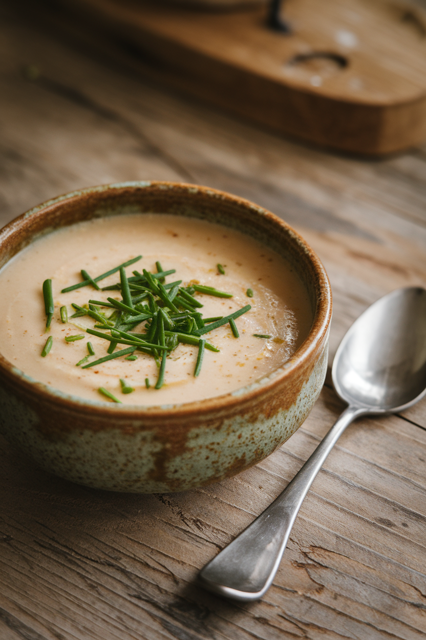 Indoor photo of pale soup topped with chopped chives in a rustic bowl, soup spoon alongside; no text or logos