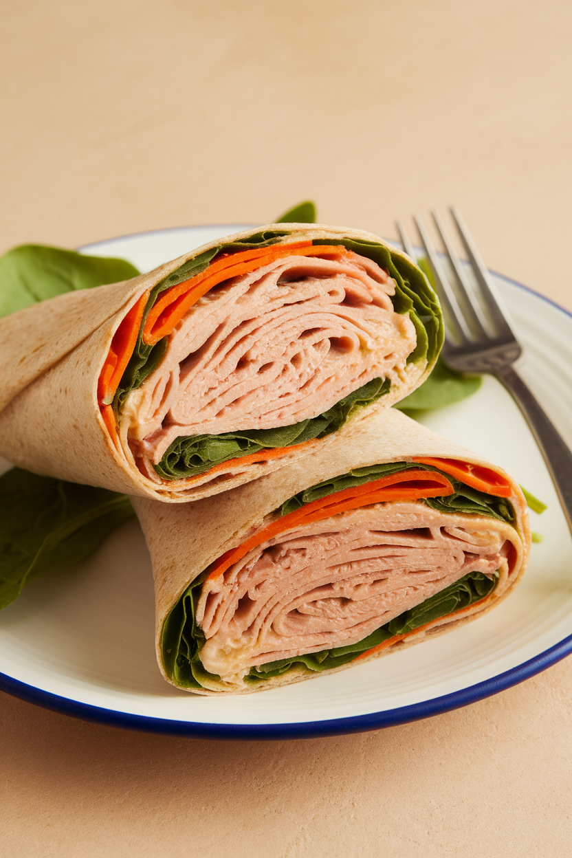 An indoor cafe-style plate featuring a whole-wheat wrap cut in half, showing slices of turkey, hummus, spinach, and shredded carrots inside. No branding or text visible.