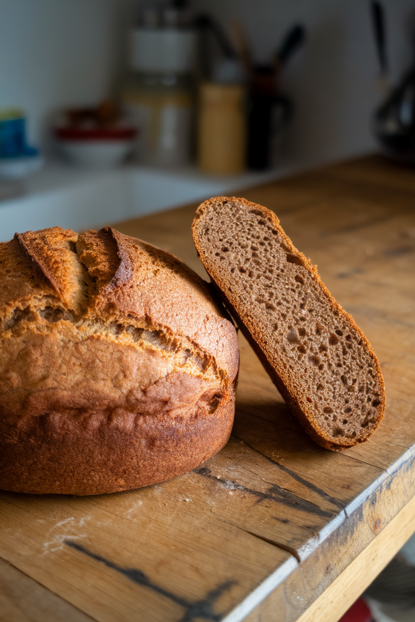 An indoor kitchen table showing a rustic loaf made from mashed plantain and cassava flour, slice leaned against loaf to show crumb. No text or logos. Photo only.