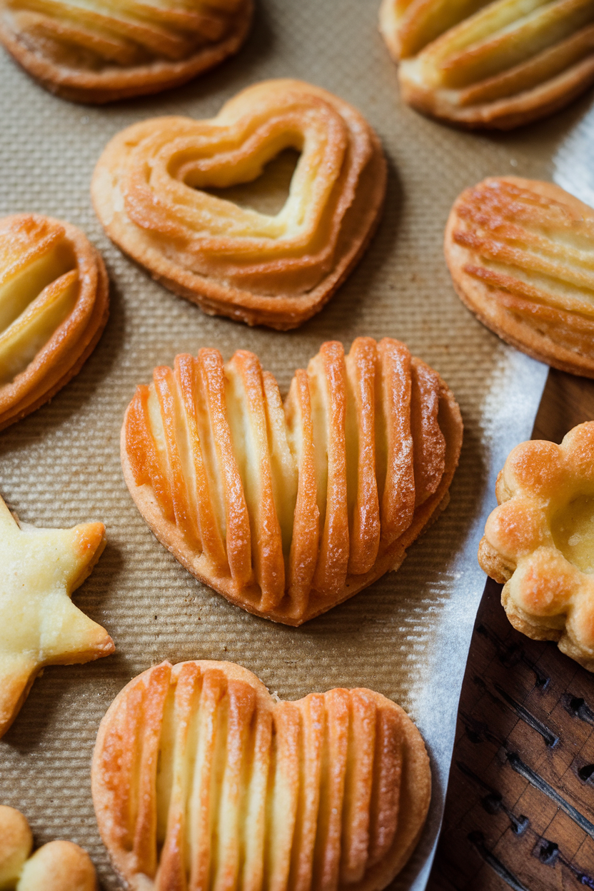 Indoor image of heart-shaped palmiers with visible caramelized sugar layers on a baking sheet; no text or logos.
