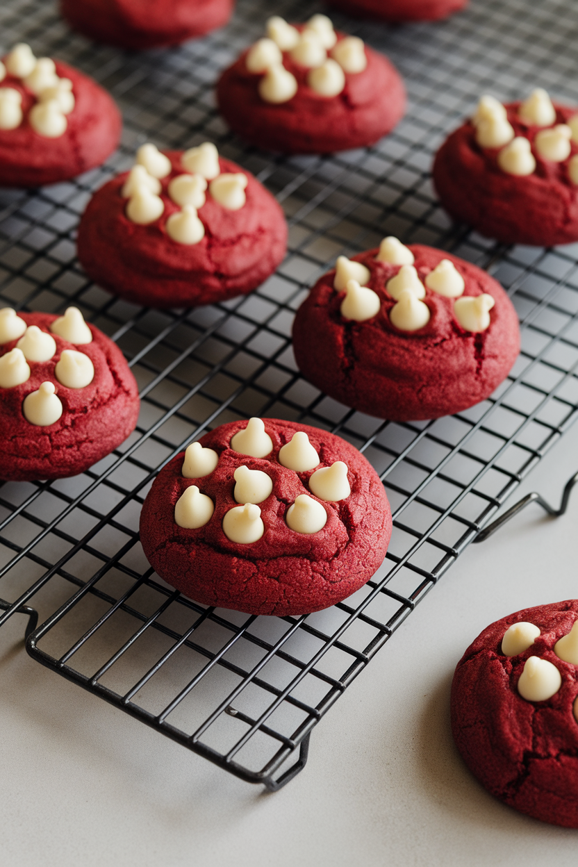 An indoor countertop with red velvet cookies studded with white chocolate chips, cooling rack underneath. No text or logos visible.</Prompt