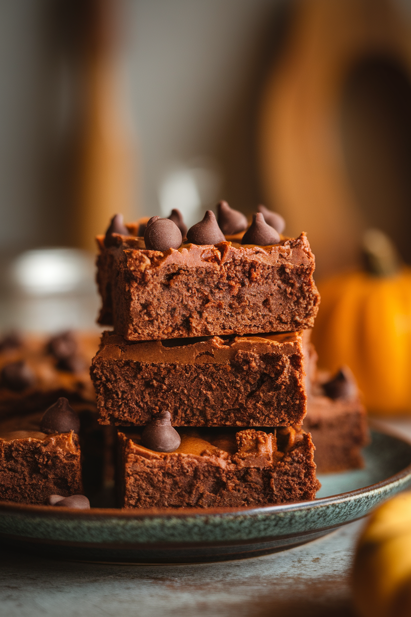 A stack of fudgy pumpkin brownies on an indoor plate, chocolate chips visible, background softly blurred. No text or logos. Photo.