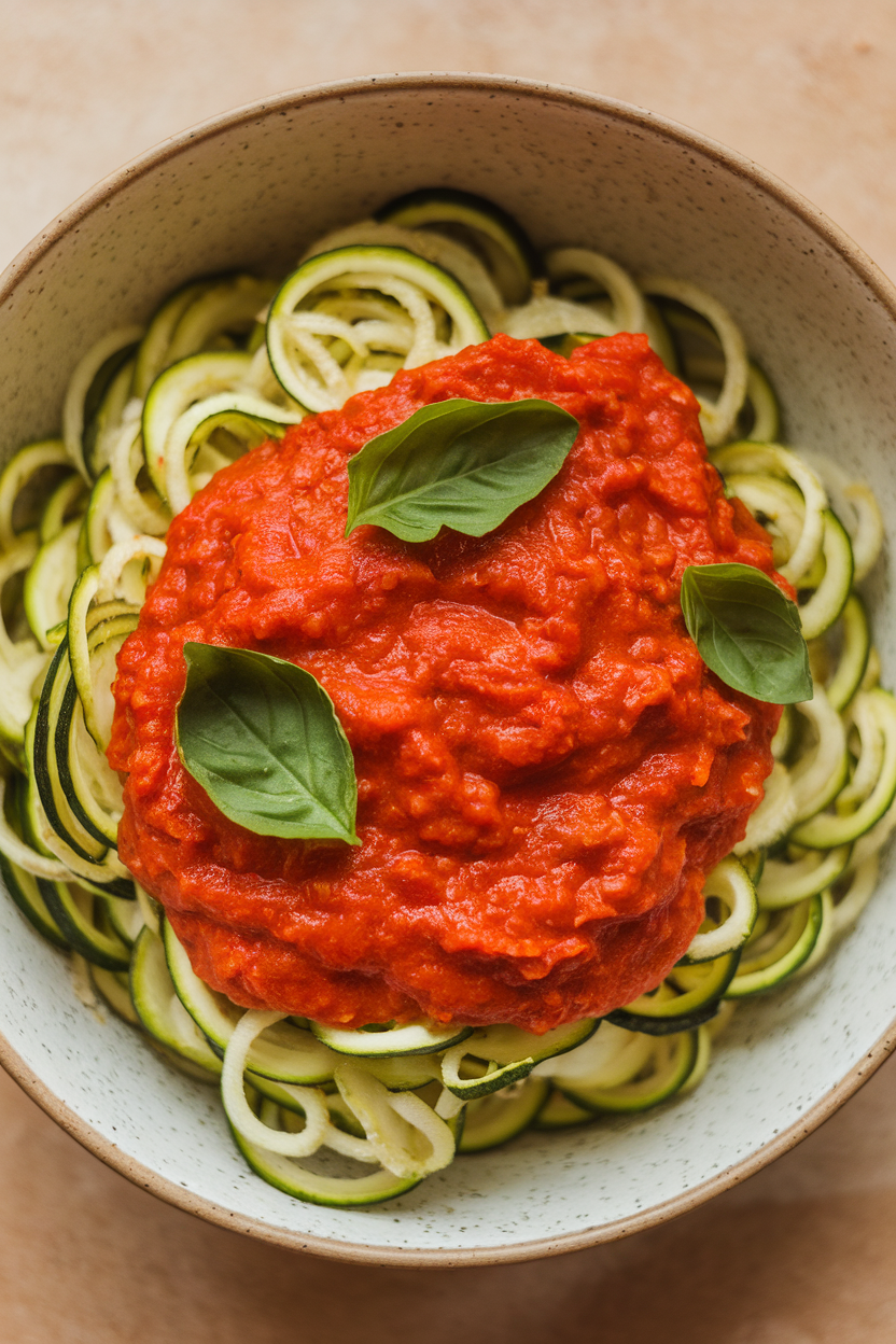 A shallow indoor bowl filled with spiralized zucchini noodles tossed in bright red tomato sauce, dotted with fresh basil leaves. No text or logos. Photo only.