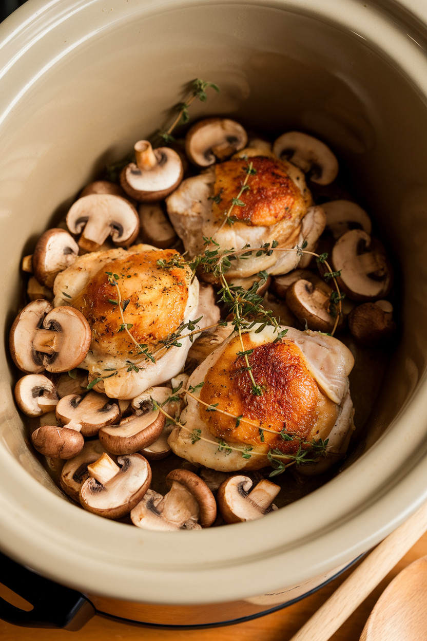 Indoor photo of chicken thighs nestled among sliced mushrooms and fresh thyme in a crockpot, no text or logos.