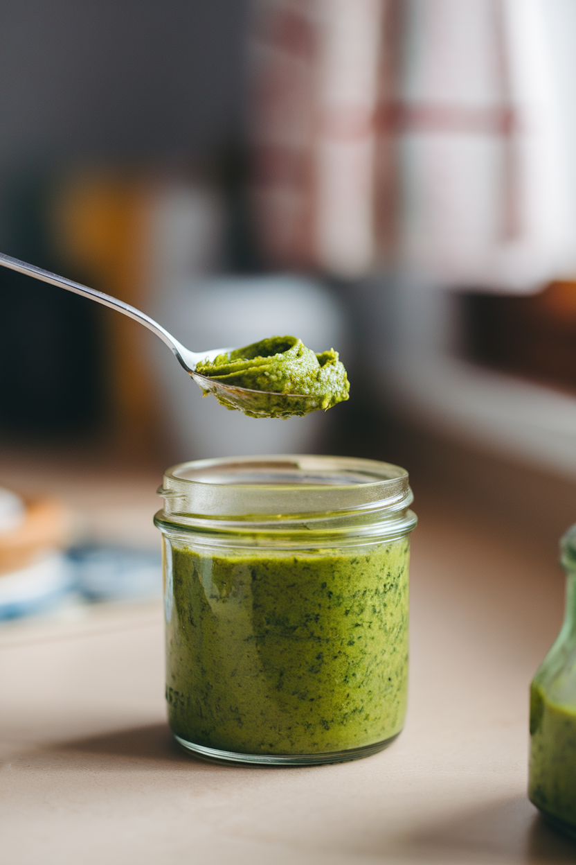 An open jar of vibrant green pesto on an indoor counter, a small spoon lifting a swirl to show texture, no text or logos, photo.