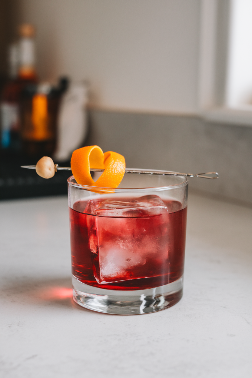 Indoor countertop with a rocks glass containing deep-red negroni over a single clear cube, garnished by an orange twist and whole hazelnut on a pick. No text or logos; photograph, not illustration.