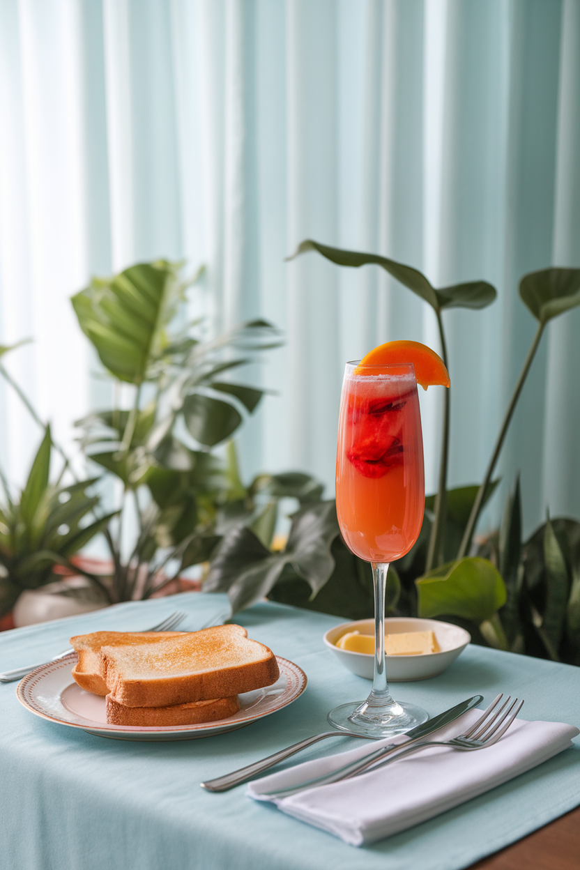 A brunch-ready indoor dining table featuring a flute of vibrant blood-orange mimosa with visible pulp and a thin orange half-moon garnish. No text or logos; photograph, not illustration.