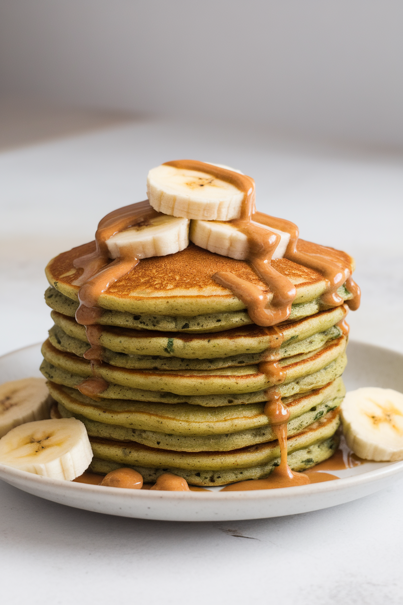 Indoor stack photo of green-tinted banana spinach pancakes topped with sliced banana and a drizzle of almond butter, no text or logos.