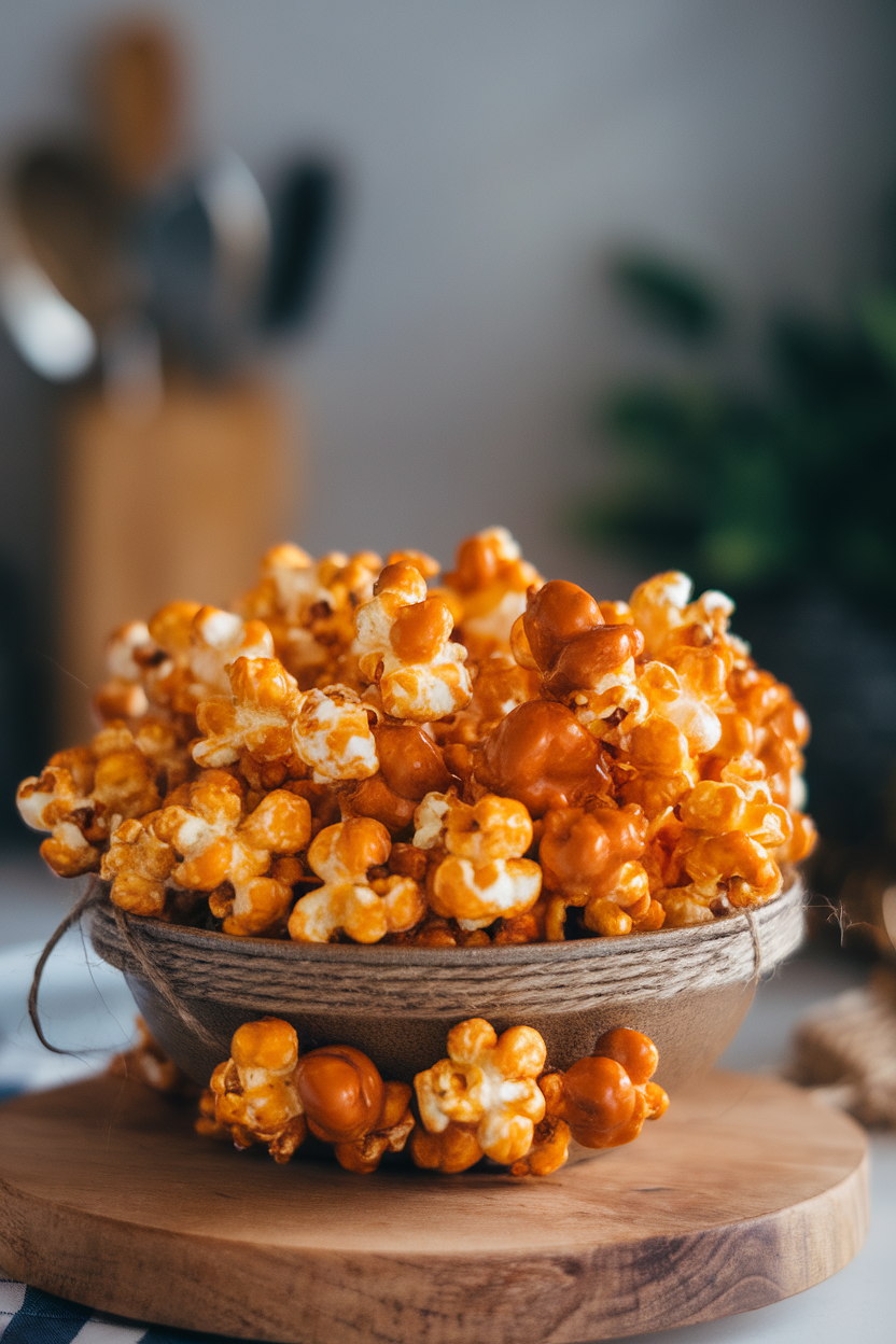 Indoor image of glossy caramel popcorn threaded on kitchen twine, coiled in a bowl, no text or logos