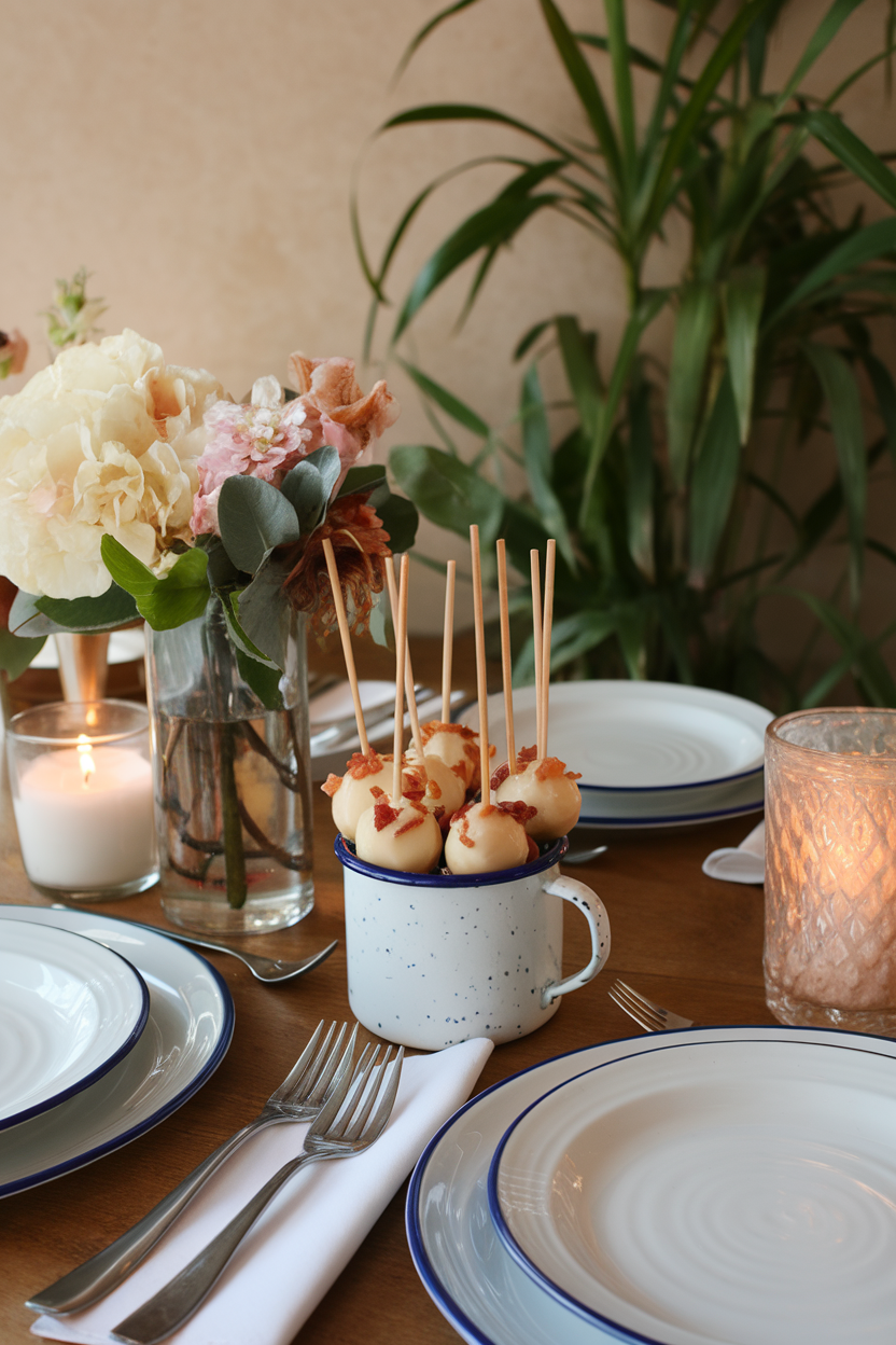 Photo, not illustration. Indoor brunch table. Maple-glazed cake pops sprinkled with crisp bacon bits, sitting in a small enamel mug. No text or logos.