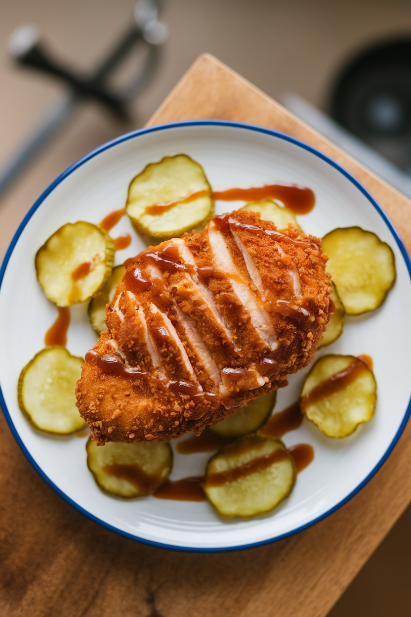 Indoor plate with juicy air-fried chicken breast, pickle chips scattered around, overhead shot. No text or logos.
