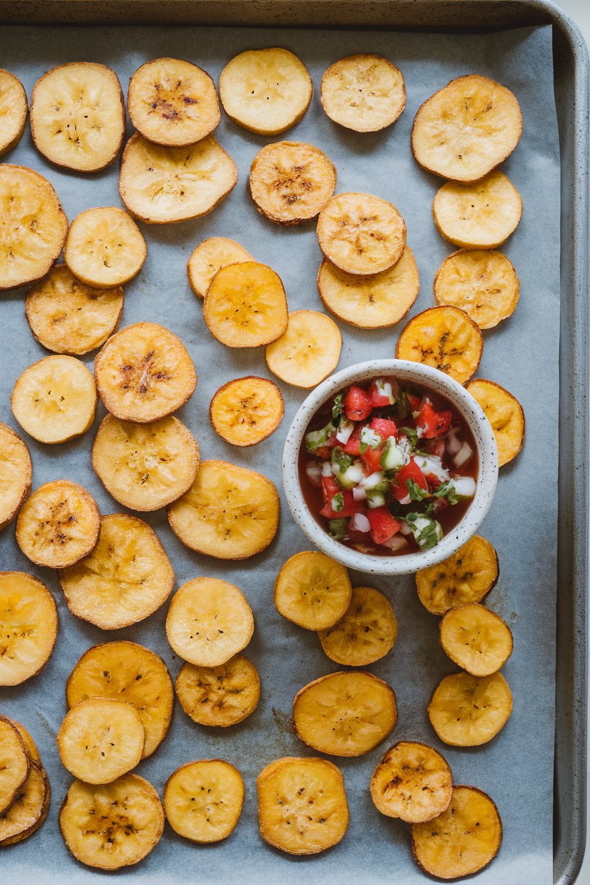 Indoor baking sheet lined with thin plantain slices lightly browned, small bowl of salsa nearby; overhead lighting, no text or logos.