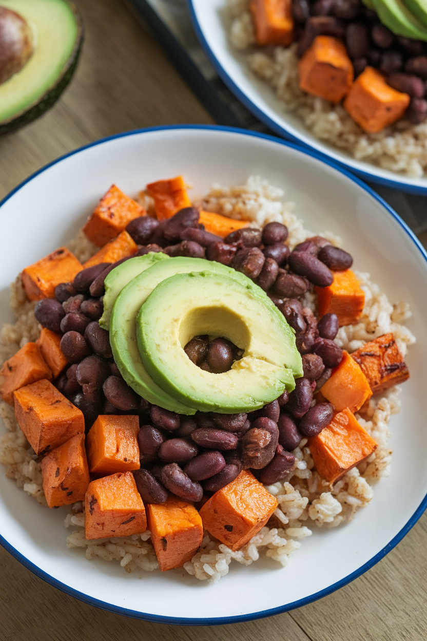 Indoor dinner plate featuring roasted cubed sweet potatoes and seasoned black beans over brown rice, topped with avocado slices; no text or logos, photo style.
