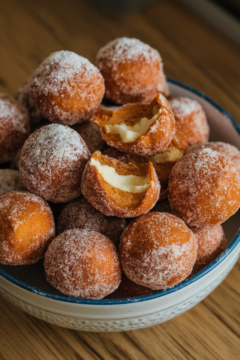 An indoor bowl piled high with gingerbread doughnut holes coated in cinnamon sugar, a few broken open to show soft center. No text or logos. Photo, not illustration.