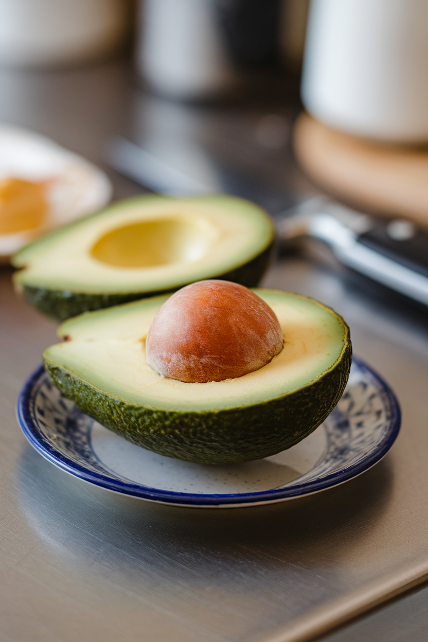 An indoor kitchen counter spotlighting a halved ripe avocado on a small plate, pit still in, creamy green flesh exposed, no text or logos.