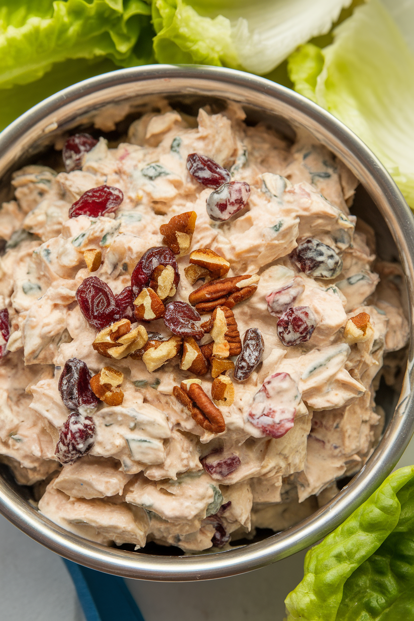 Indoor deli-style bowl of creamy chicken salad dotted with dried cranberries and chopped pecans, lettuce cups alongside. No text or logos.