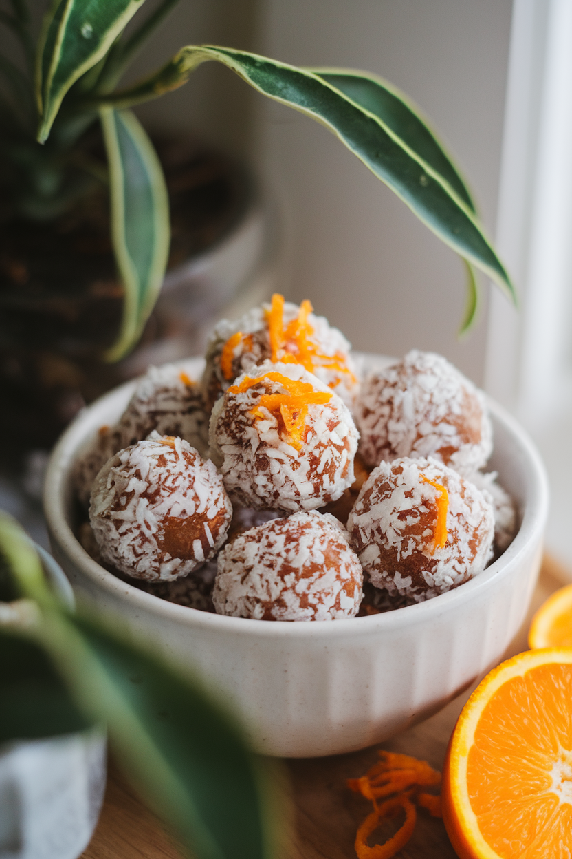 An indoor bowl of small round date energy bites coated in shredded coconut, orange zest visible; no text or logos.