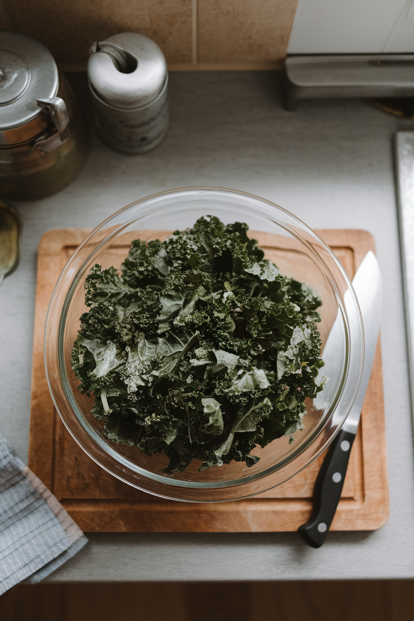 Photo, indoor kitchen counter showing a glass bowl filled with ribboned kale leaves, gentle overhead light, no logos.