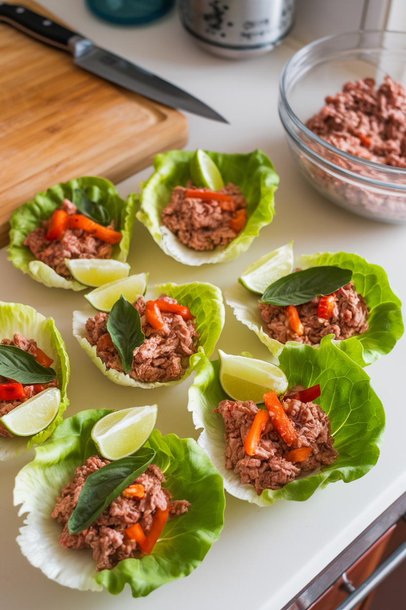 A photo inside a kitchen featuring butter lettuce cups filled with cooked turkey mince, bell peppers, and Thai basil, garnished with lime wedges. No text or logos visible.