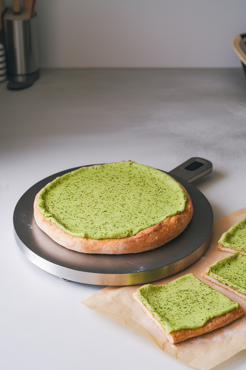 An indoor pizza stone holding a bright green flatbread speckled with herbs, slices arranged on parchment. No text or logos. Photo only.
