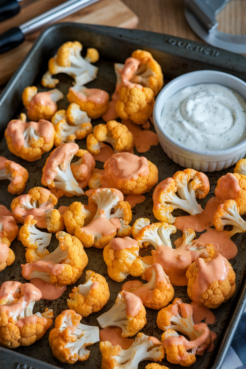 Indoor baking tray of baked cauliflower florets coated in light orange buffalo sauce, served with yogurt ranch dip. No text or logos present.