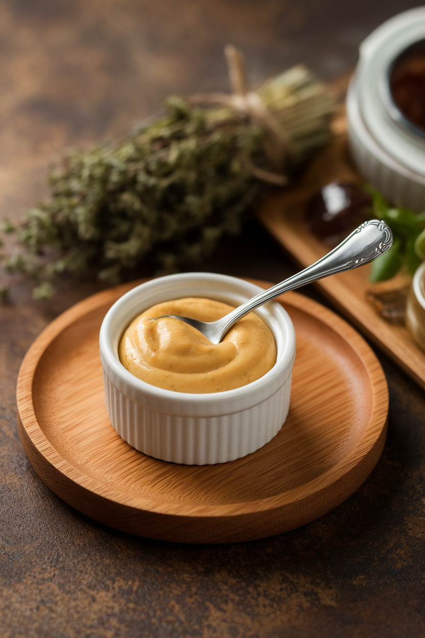 A small ramekin of smooth Dijon mustard placed on an indoor wooden tray with a tasting spoon resting atop, no text or logos, photo.
