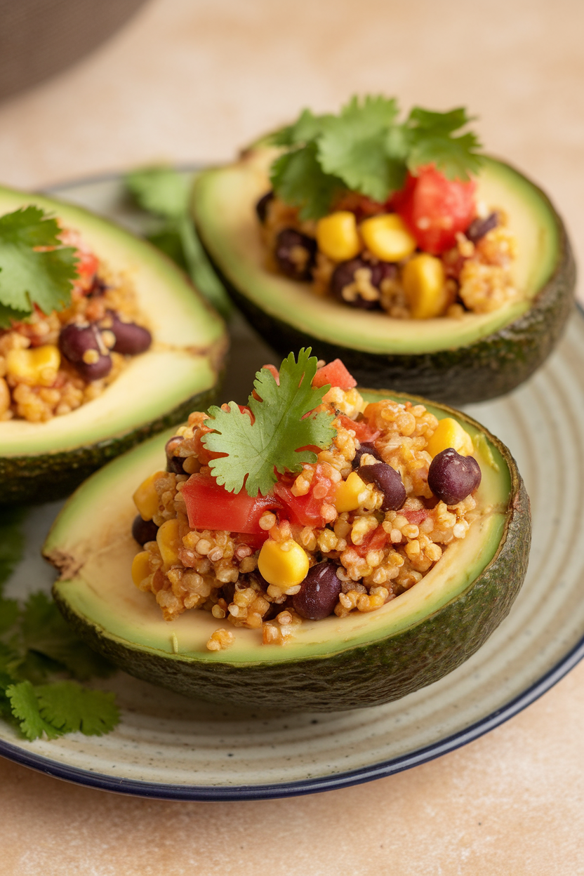 Indoor photo of avocado halves filled with spiced quinoa, black beans, corn, and diced tomato. No text or logos.