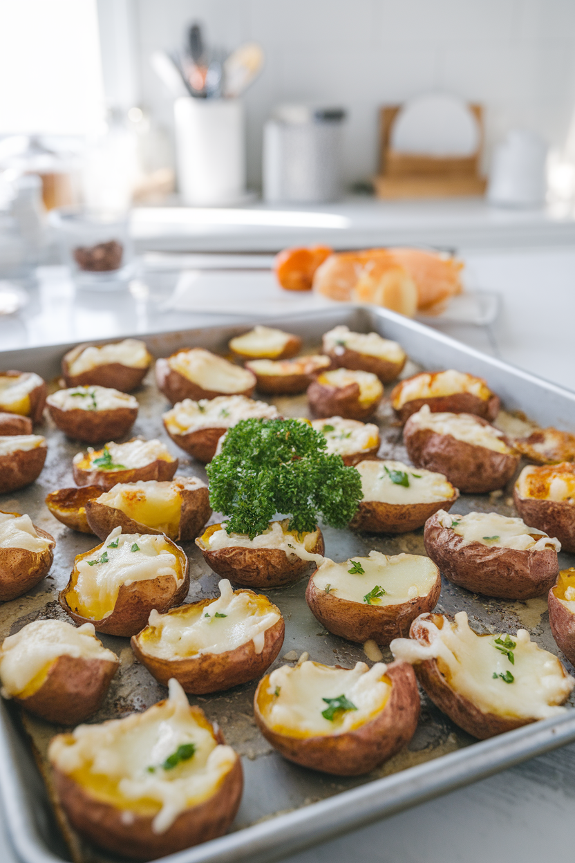 Photo of smashed baby potatoes topped with melted Parmesan on a sheet pan inside a kitchen, no text or logos.