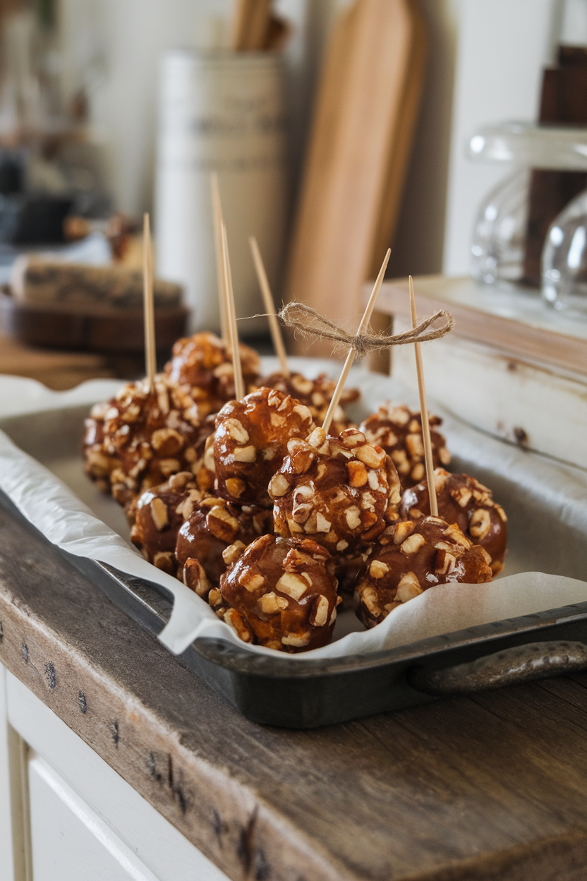 A rustic indoor kitchen counter with parchment-lined tray holding glossy popcorn balls studded with chopped pecans, twine tied around wooden sticks. Photo, no text or logos.