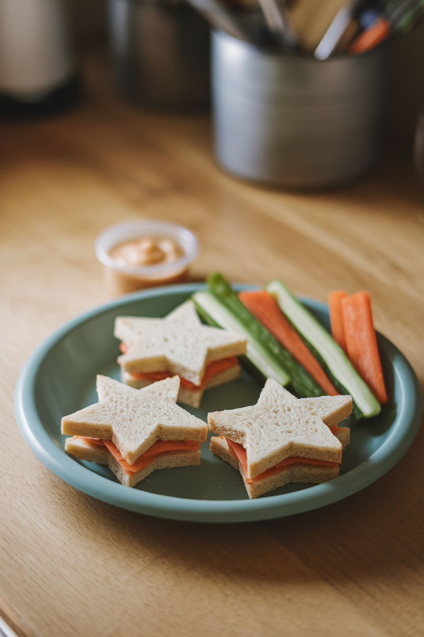 Indoor photo of star-shaped sandwich cut-outs on a lunch plate with veggie sticks, soft kitchen lighting, no text or logos