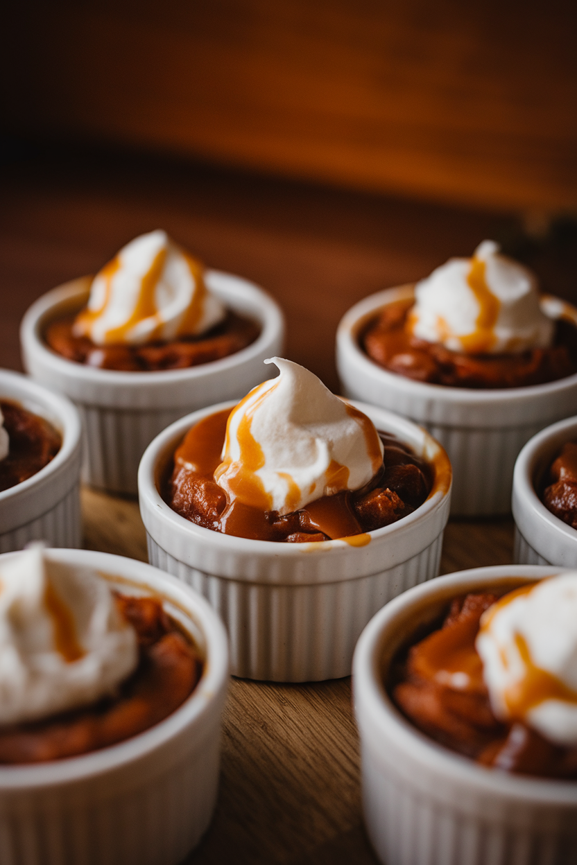 Photo indoors of small ramekins filled with sticky toffee pudding topped with warm caramel sauce and a dollop of whipped cream. No text or logos shown.