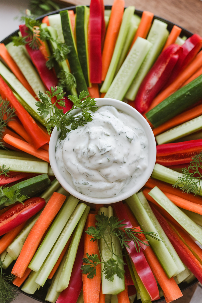 Indoor platter of colorful raw veggie sticks surrounding a small bowl of creamy Greek yogurt ranch dip; no text or logos, photo style.
